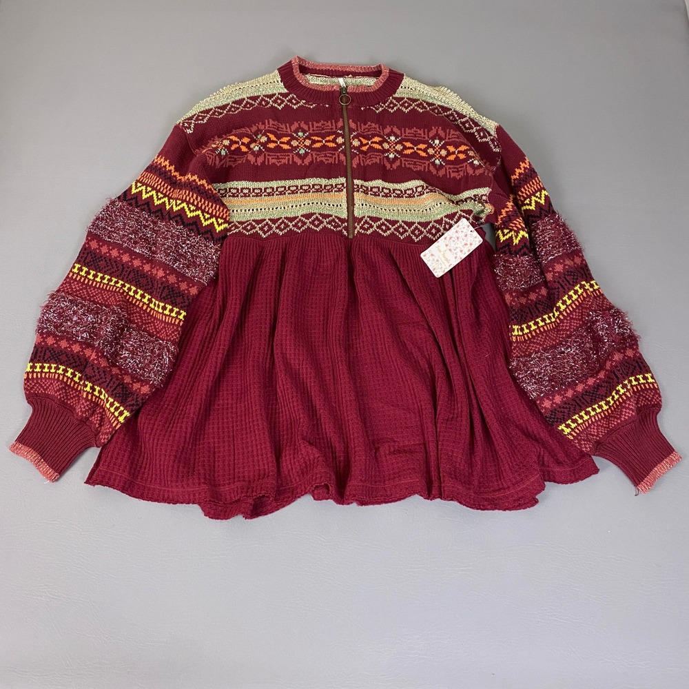 Free People Sweater Tunic Medium Pomegranate Wine Fair Isle Waffle Knit New NWT